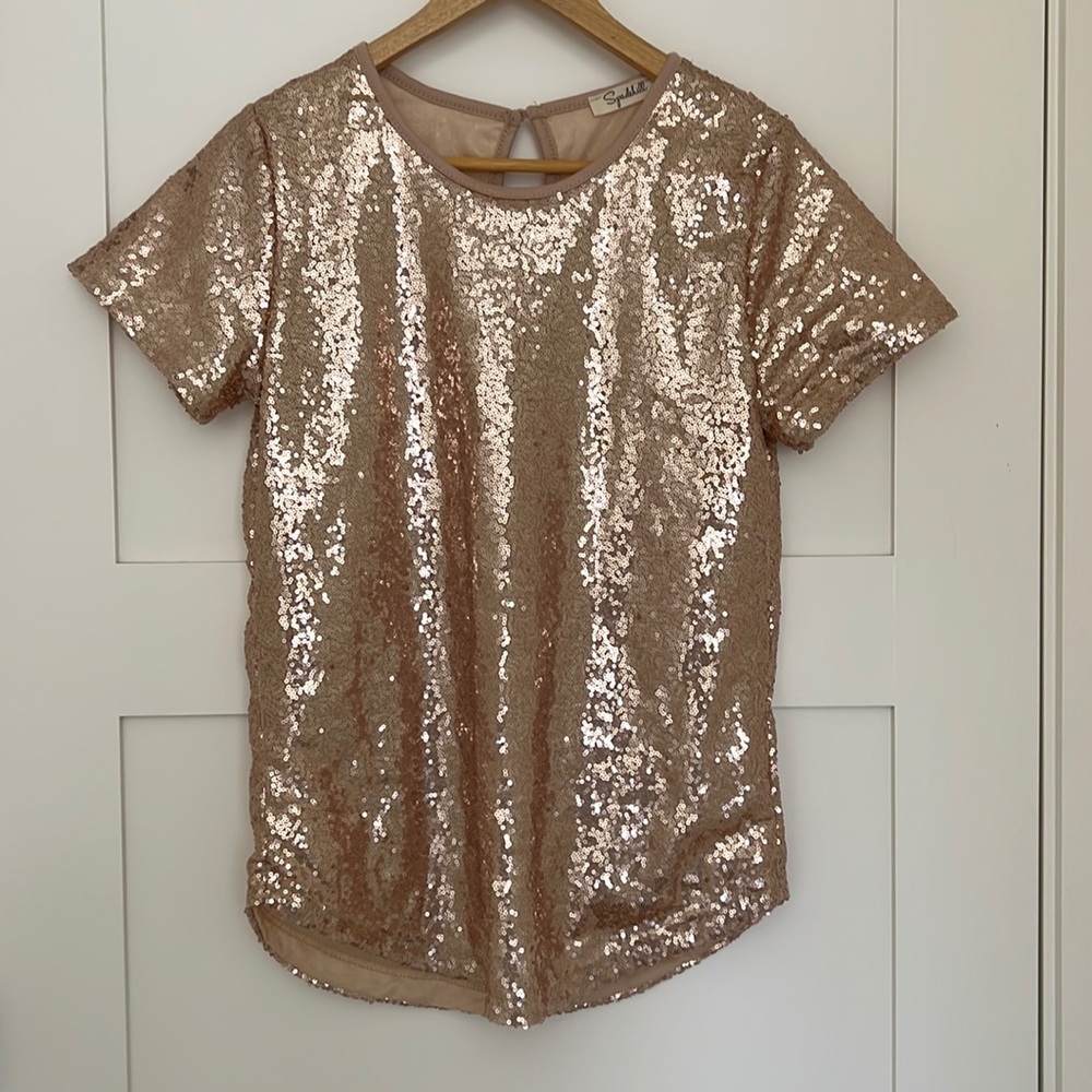 Spadehill Womens Full Sequin Sparkle Tops Glitter Short Sleeve Party Shirt S